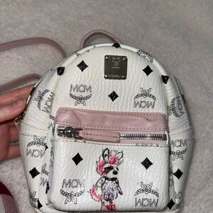 MCM Visetos Rabbit White Mini Backpack with Pink Accents